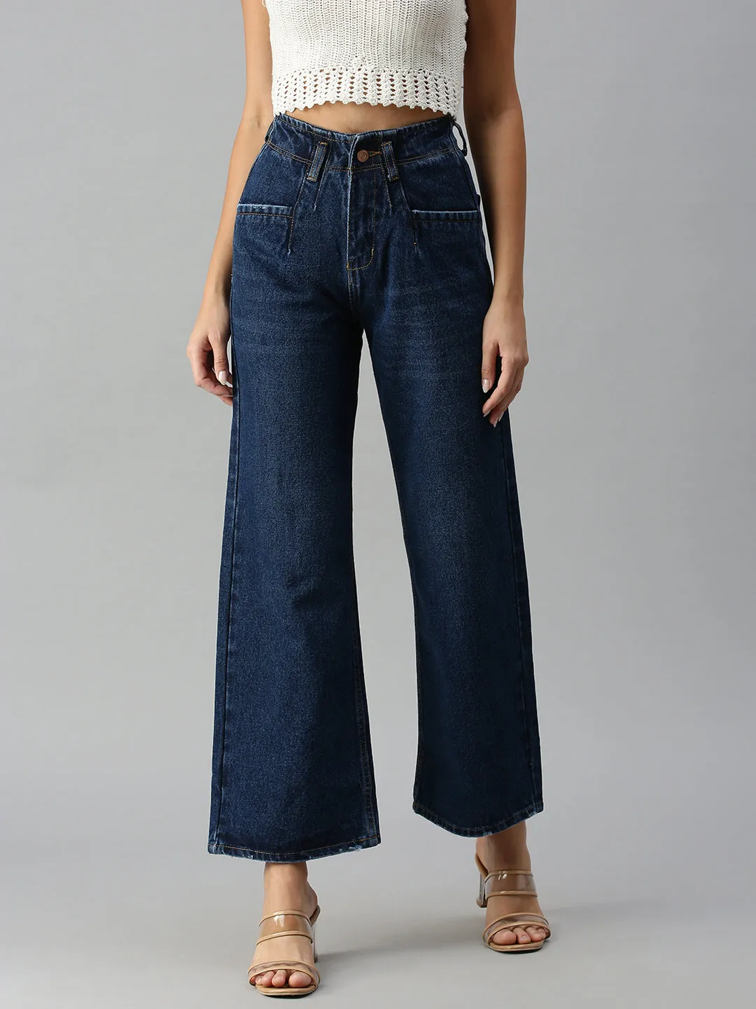 Women's Navy Blue Wide Leg High-Rise Jeans Date Night Sunny Vibes
