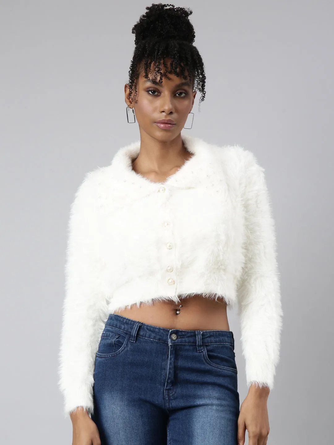 Women's Off White Crop Cardigan Lounge Outfit Balanced Stretch Structure