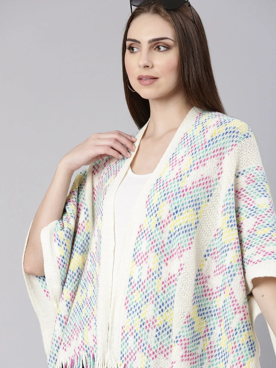 Women's Off White Self Design Fringed Detail Poncho Reversible Seamless Design Texture Focus