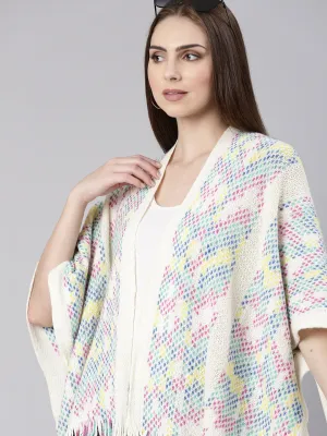 Women's Off White Self Design Fringed Detail Poncho Reversible Seamless Design Texture Focus