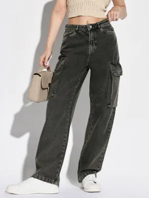 Low Impact Processing Women's Olive Denim Comfort Wide Leg Light Fade Acid Wash Jeans