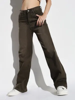 Neutral Fit Piece Women's Olive Mid-Rise Comfort Wide Leg Light Fade Acid Wash Stretchable Jeans