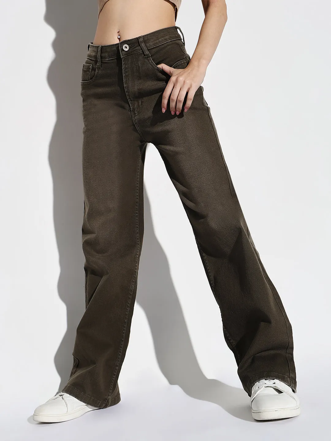 Neutral Fit Piece Women's Olive Mid-Rise Comfort Wide Leg Light Fade Acid Wash Stretchable Jeans