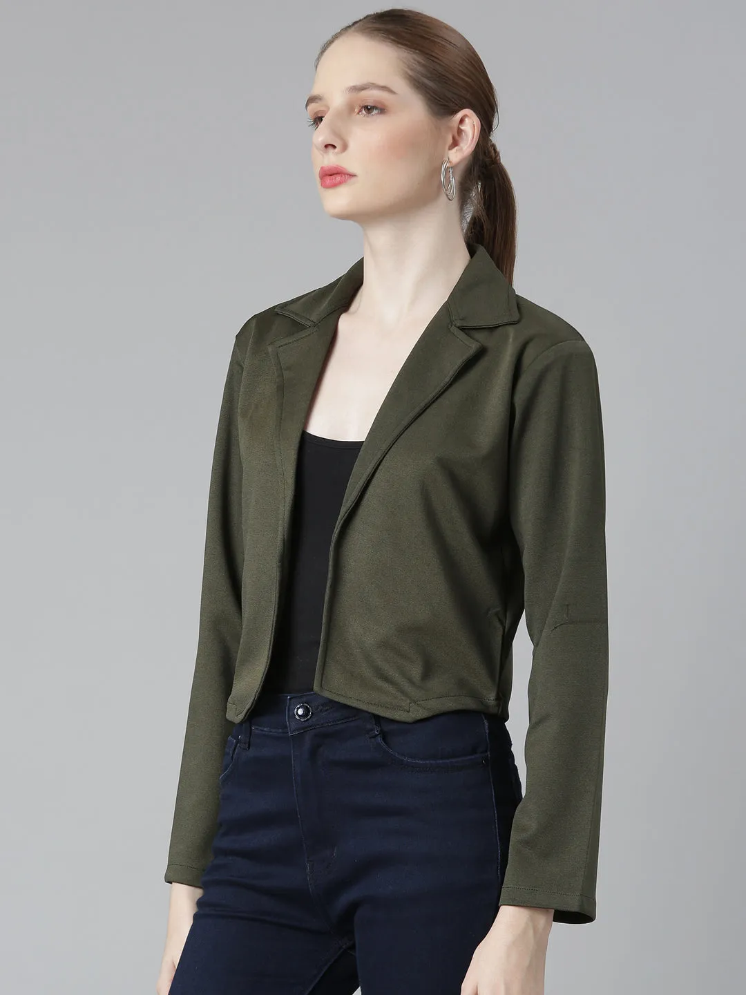 PFC Free Treatment Wrinkle Free Fabric Women's Olive Notched Lapel Collar Cotton Open Front Blazer