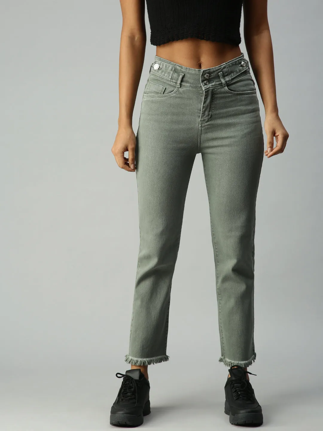 Women's Olive Straight Fit High-Rise Stretchable Jeans Vintage Lover Loose Chic Design