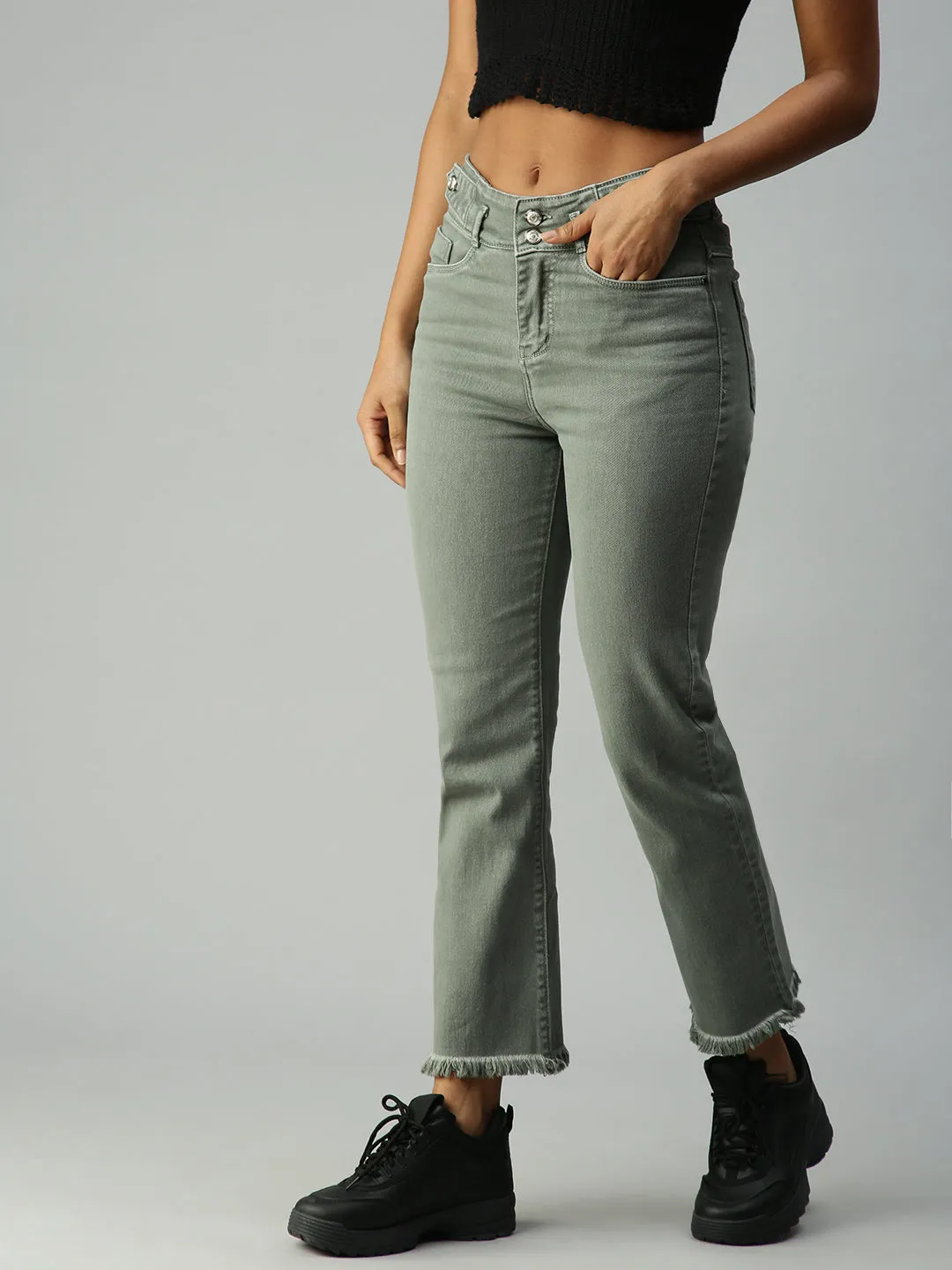 Stylish Silhouette Teen Outfit Eco Friendly Travel Outfit Women's Olive Straight Fit High-Rise Stretchable Jeans