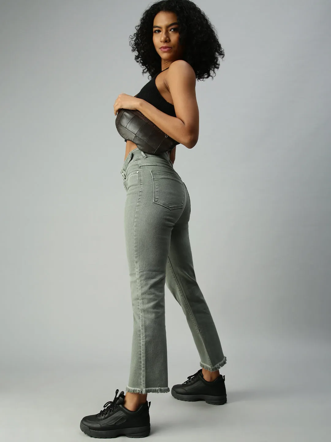 High Waist Neutral Style Women's Olive Straight Fit High-Rise Stretchable Jeans