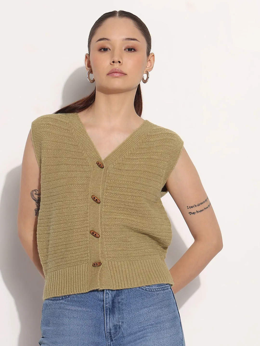 Women's Olive V-Neck Sleeveless Knitted Top with Button Detail Moisture Wicking Texture