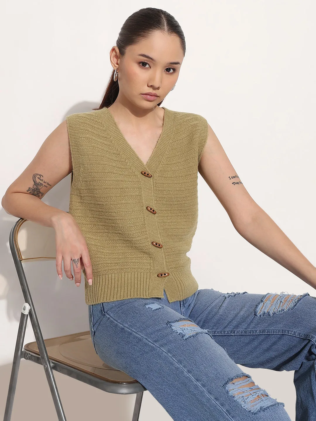 Women's Olive V-Neck Sleeveless Knitted Top with Button Detail Cool Layer Contrast Trim Accent