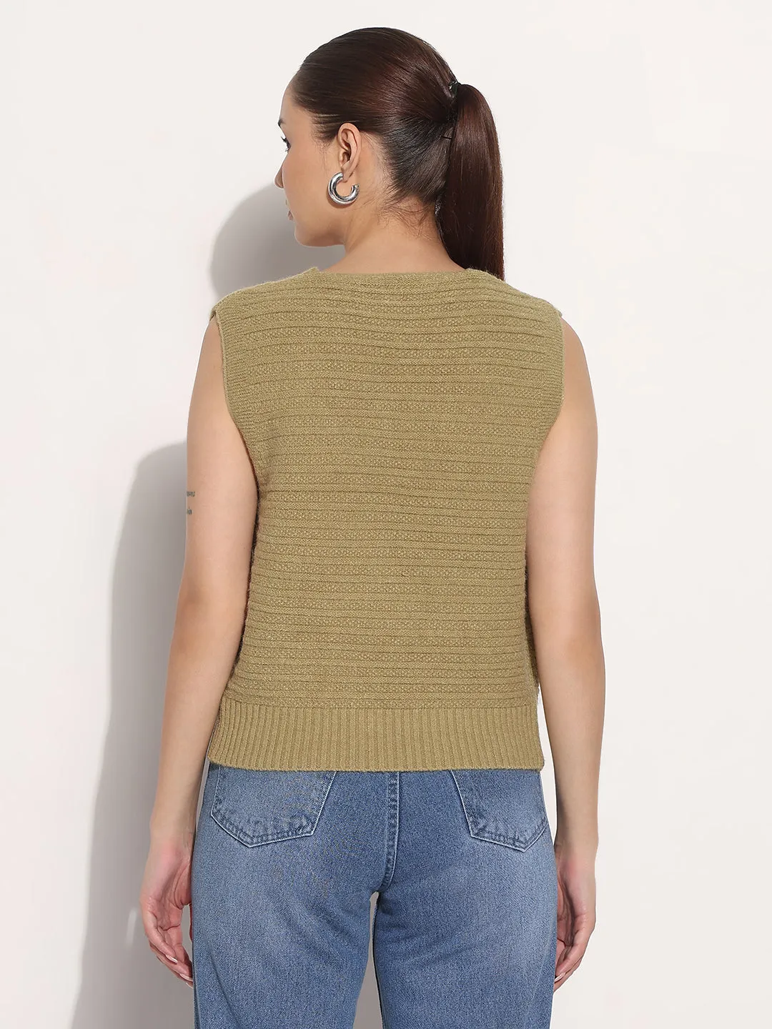 Women's Olive V-Neck Sleeveless Knitted Top with Button Detail Tagless Label System ribbed texture