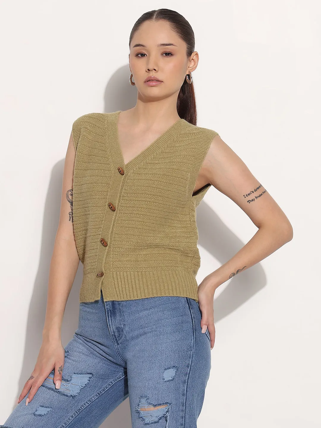 Women's Olive V-Neck Sleeveless Knitted Top with Button Detail Day Layer