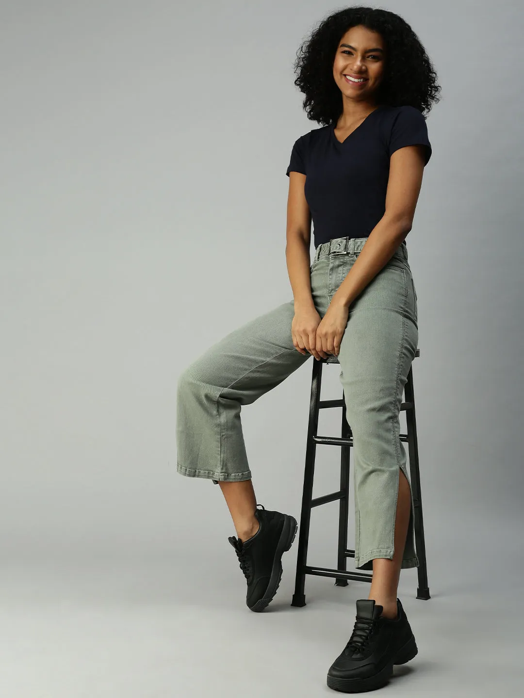 Women's Olive Wide Leg High-Rise Stretchable Jeans Couple Look Elegant Summer Vibes Relaxed Tailoring