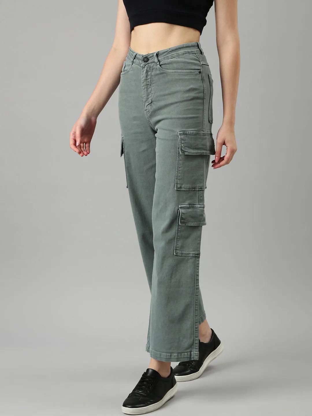 Women's Olive Wide Leg Stretchable Denim Jeans Matching Basic Relaxed Style Smart Casual Minimalist Style