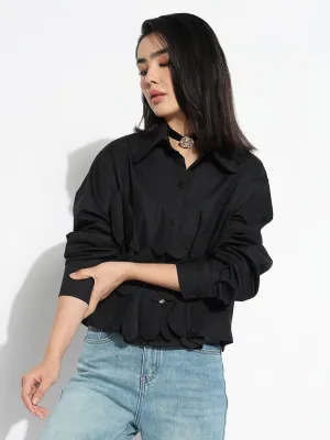 Breathable apparel Women's Oversized Black Solid Shirt with Applique