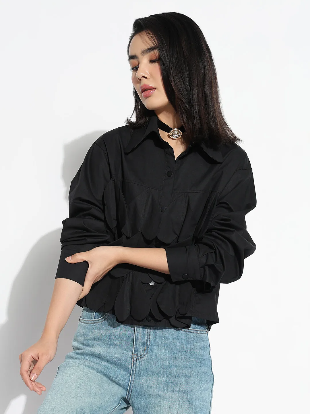 Breathable apparel Women's Oversized Black Solid Shirt with Applique