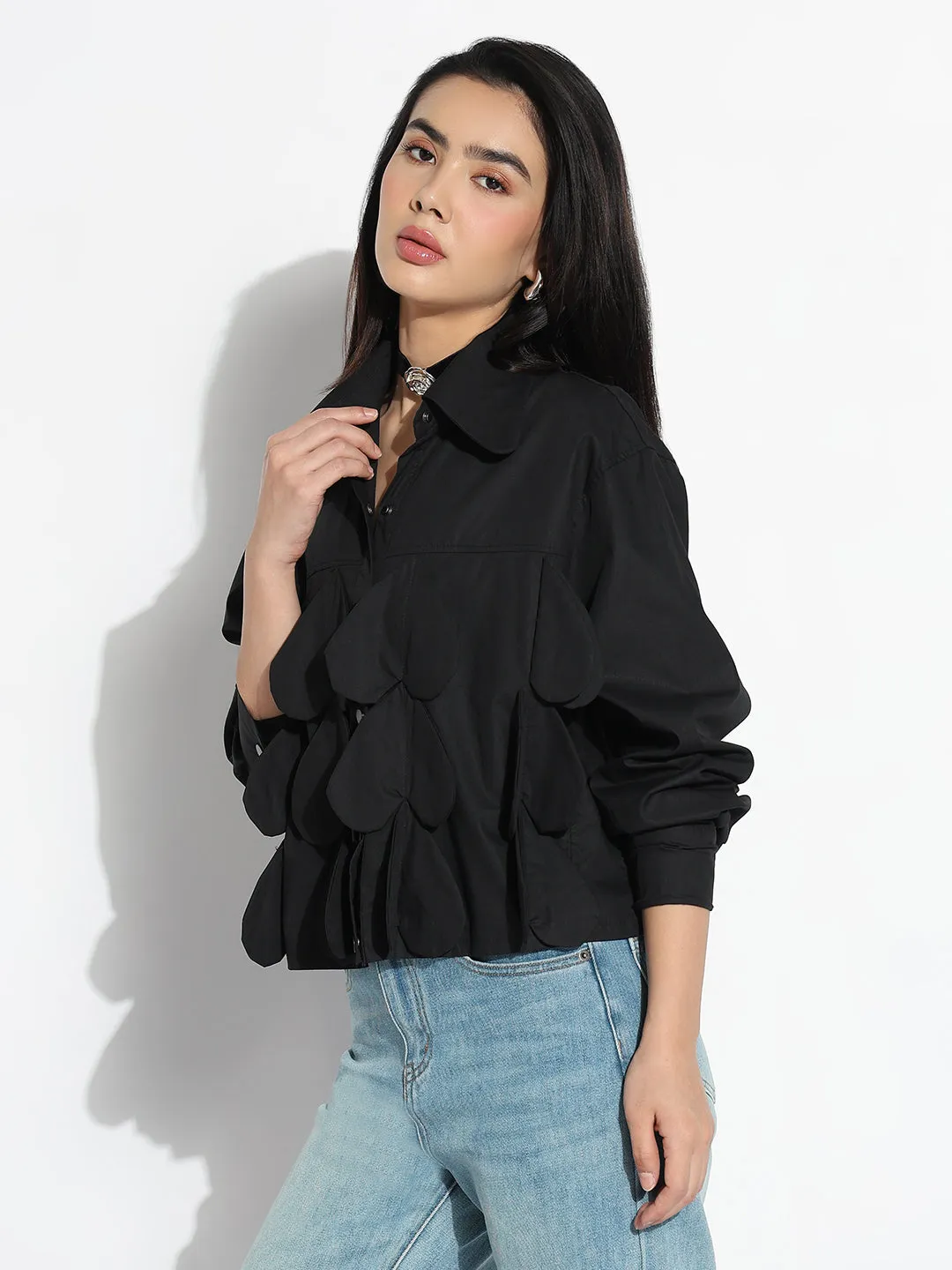 Women's Oversized Black Solid Shirt with Applique Sustainable