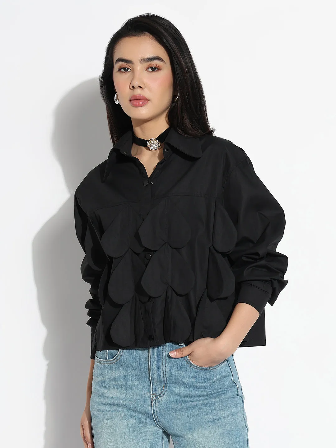 Women's Oversized Black Solid Shirt with Applique Chic Smart