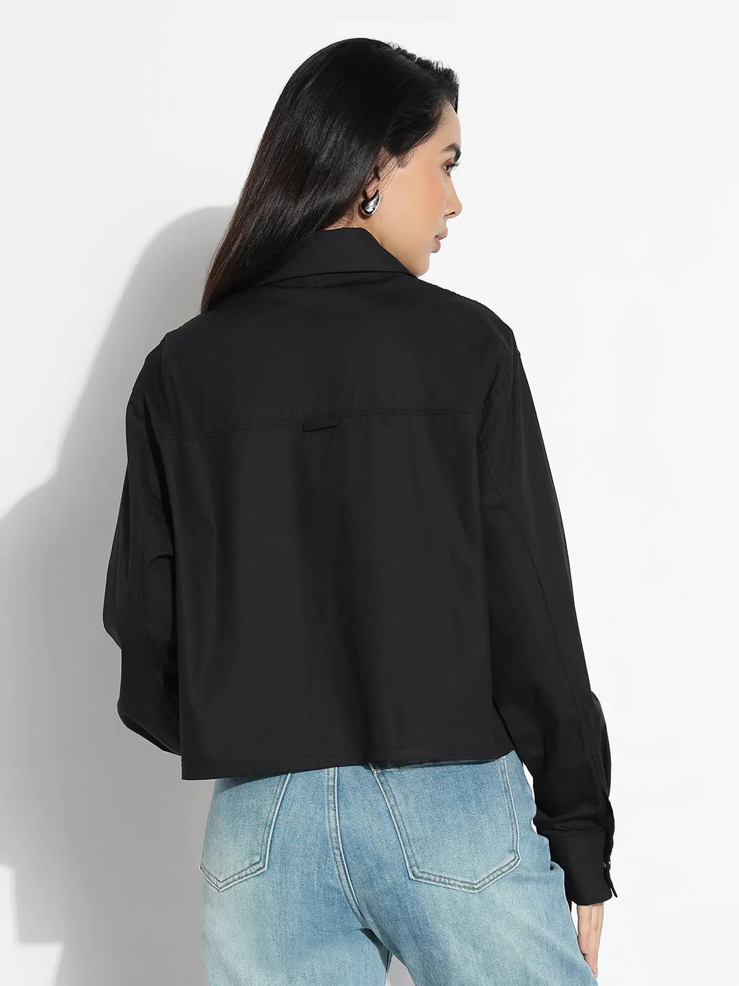 Everyday Wear Layering Piece Women's Oversized Black Solid Shirt with Applique