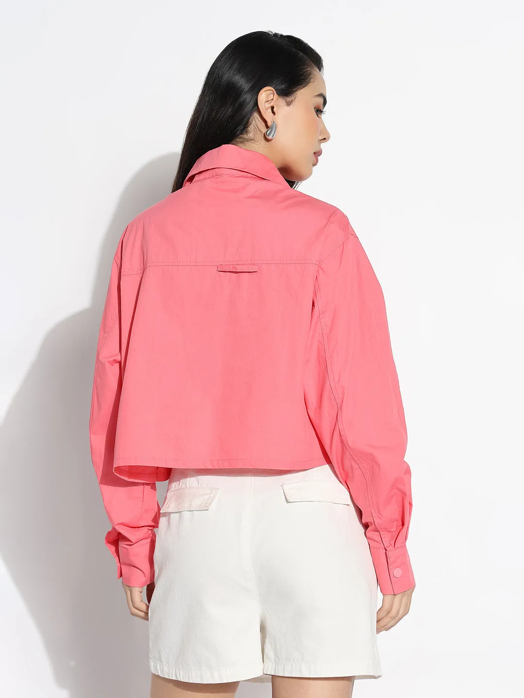 Women's Oversized Pink Solid Shirt with Applique contrast