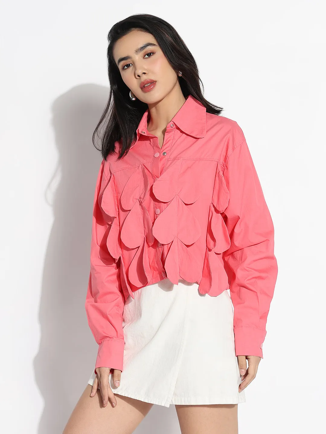 Women's Oversized Pink Solid Shirt with Applique Wrinkle-Free Cozy Layering