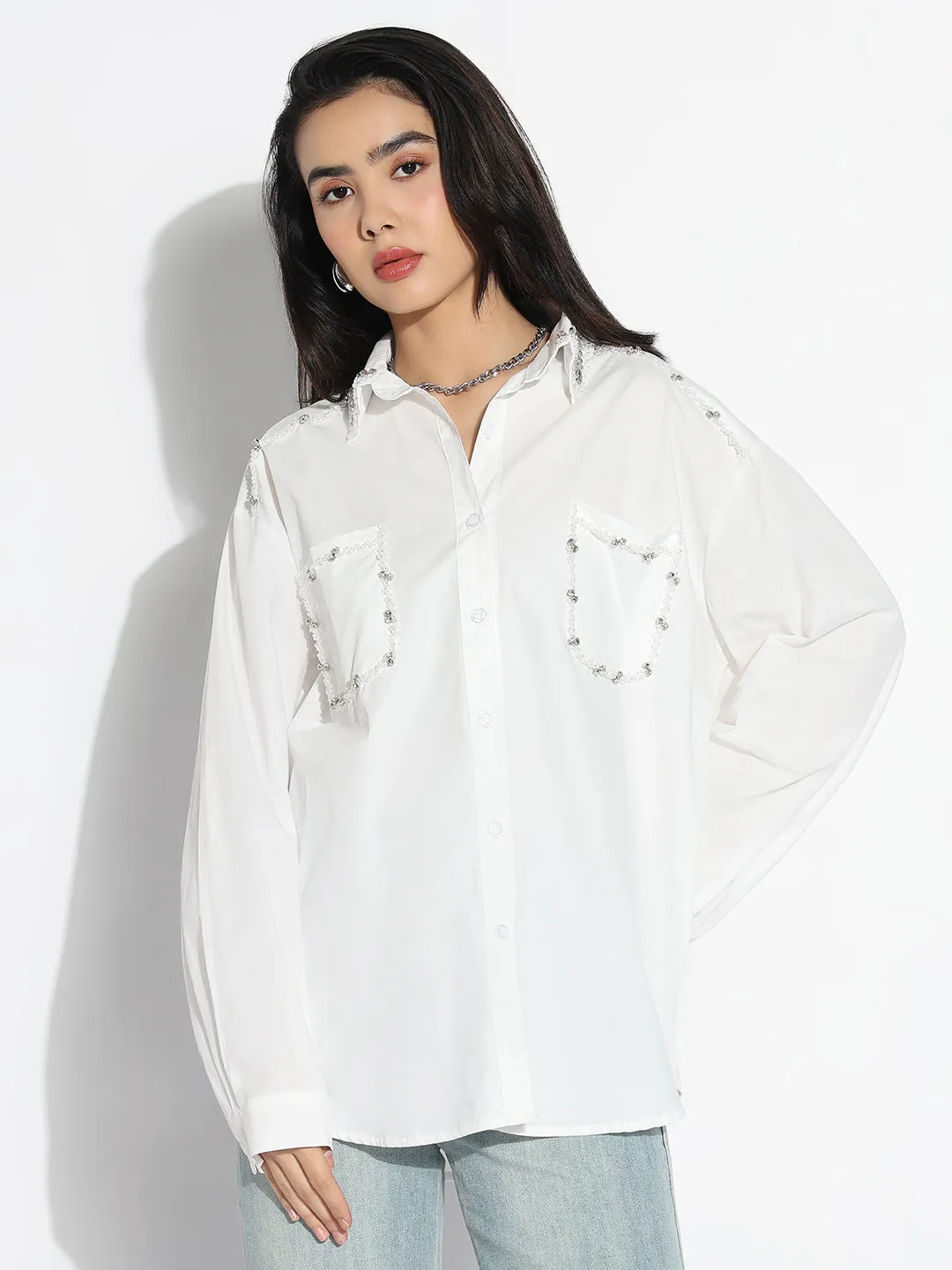 Abstract mystery Women's Oversized White Solid Shirt with Chest Pocket