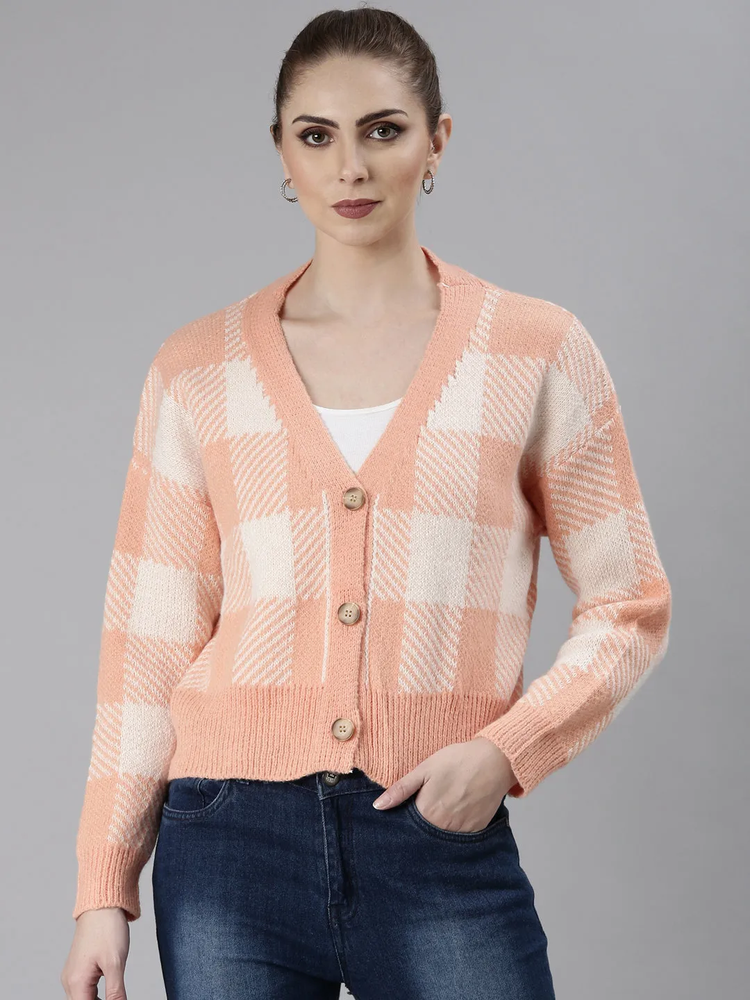 Women's Peach Checked V-Neck Cardigan Fall Comfort