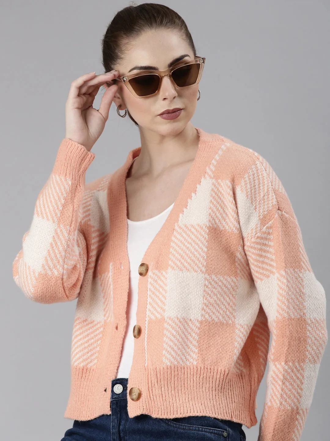 Women's Peach Checked V-Neck Cardigan Lounge Vibe