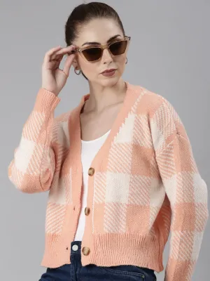 Women's Peach Checked V-Neck Cardigan Lounge Vibe