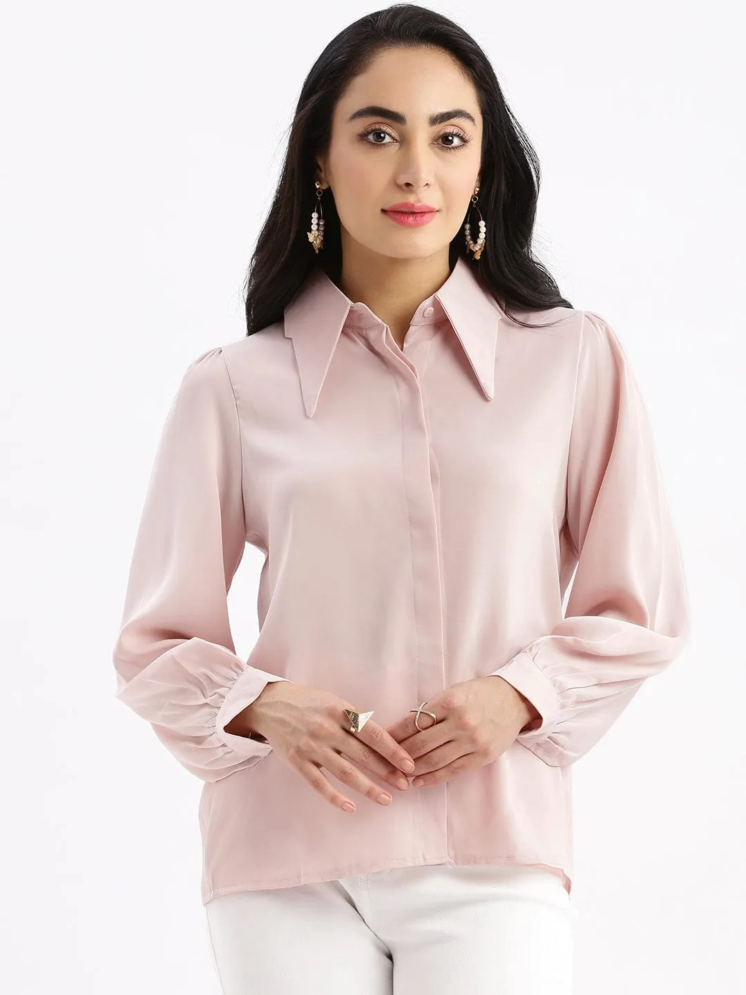 Women's Peach Solid Spread Collar Shirt Feminine Fit Comfy Comfort
