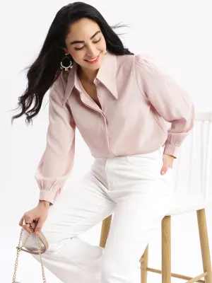 Women's Peach Solid Spread Collar Shirt EcoFriendly Dye Soft Layer