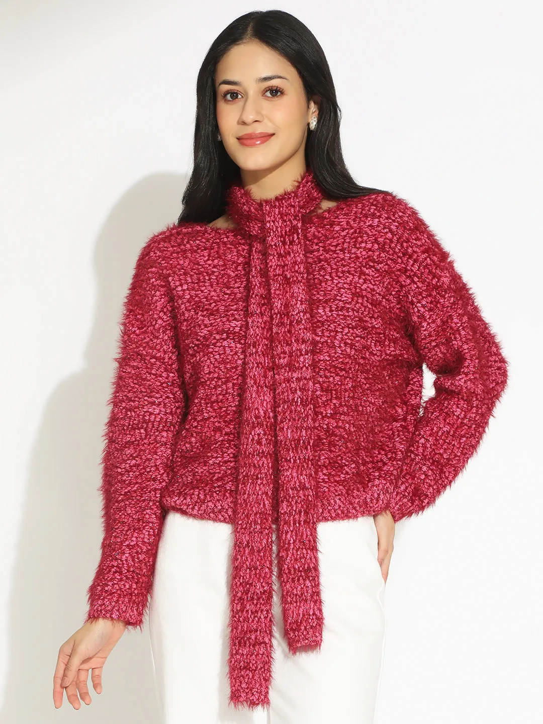 Women's Pink V-Neck Knitted Top with Scarf Seamless Circular Knit