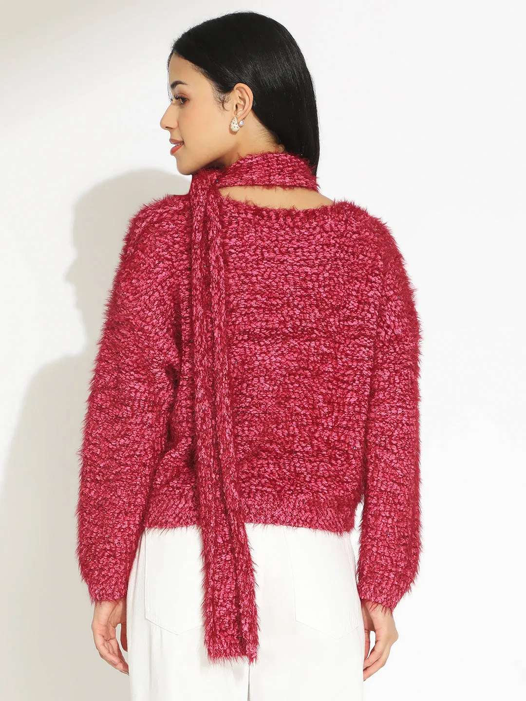 Women's Pink V-Neck Knitted Top with Scarf Unisex Fit Transitional Layer