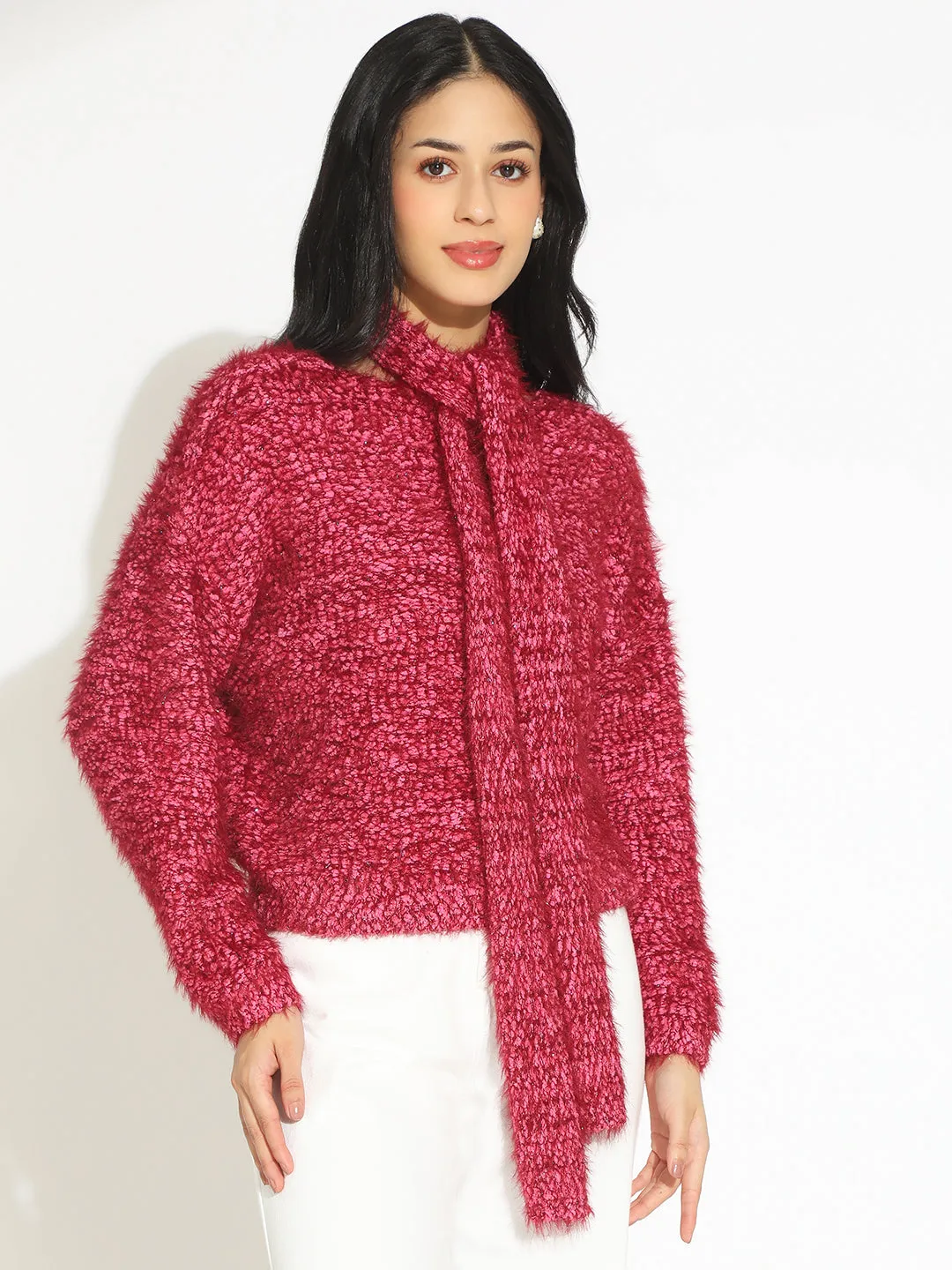 Women's Pink V-Neck Knitted Top with Scarf Luxe Layer Warm Essentials