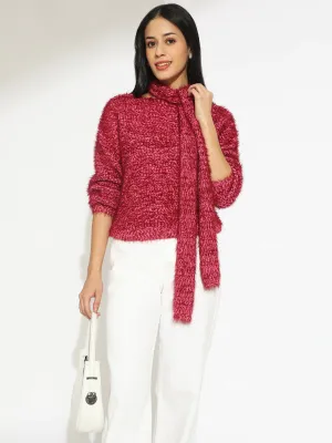 Women's Pink V-Neck Knitted Top with Scarf SheerWeight Knit