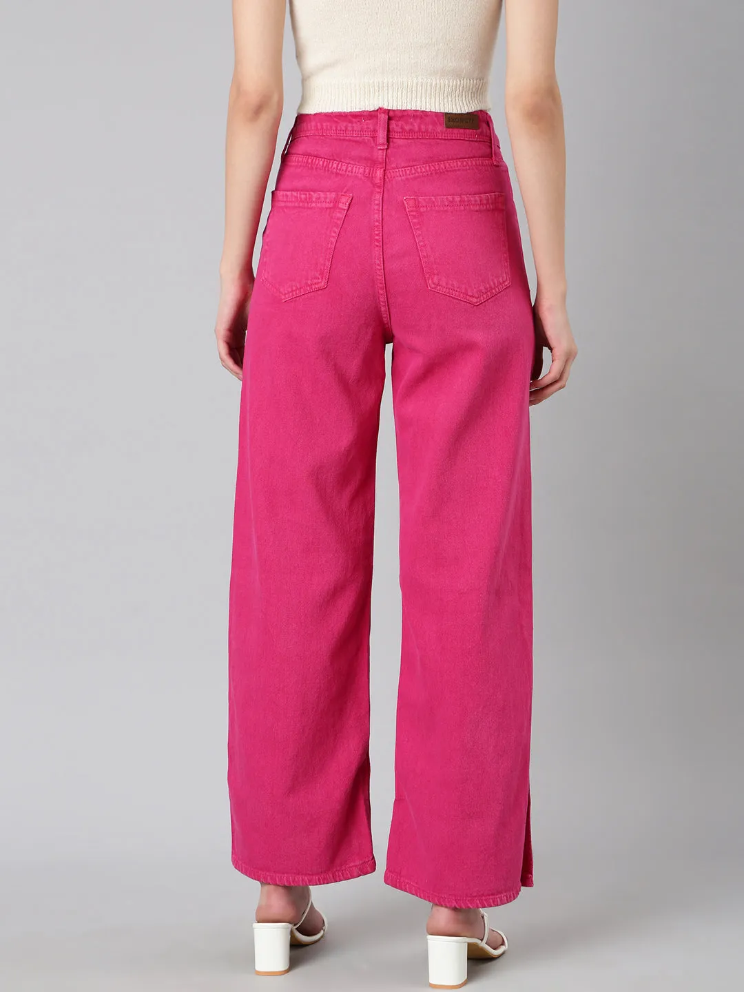 Women's Pink Wide Leg Denim Jeans Zip Fly Closure