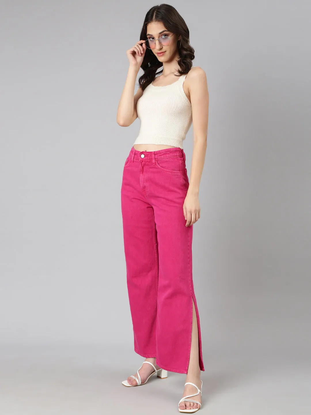 No Iron Wear Women's Pink Wide Leg Denim Jeans