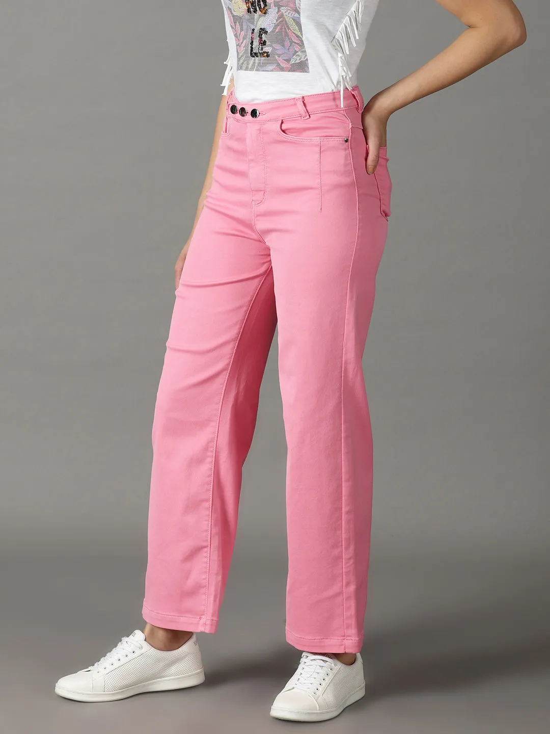 Women's Pink Wide Leg High-Rise Stretchable Cotton Jeans Wardrobe Choice Stretch Road Trip Brunch Outfit