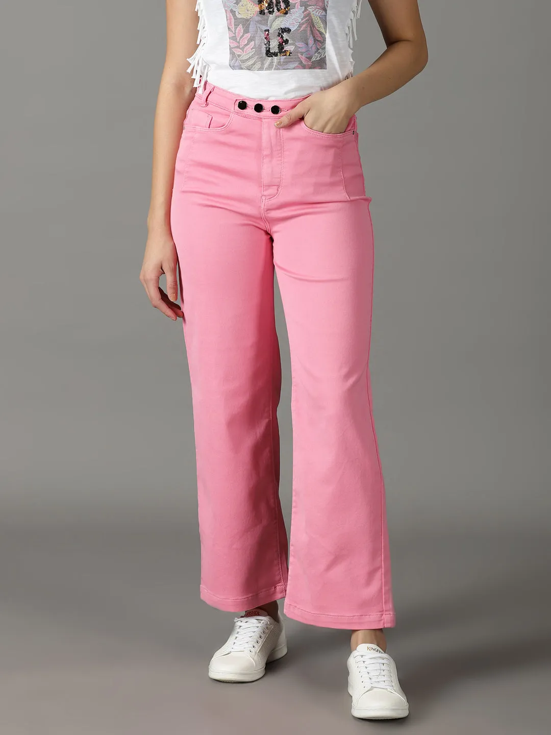 Evening Stroll Comfy Women's Pink Wide Leg High-Rise Stretchable Cotton Jeans