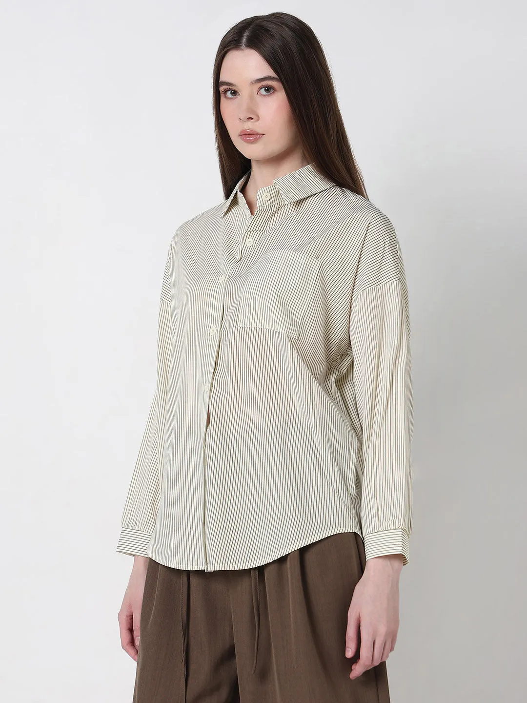 Comfort Style Formal Style Women's Pinstripes Cream Oversized Shirt with Chest Pocket