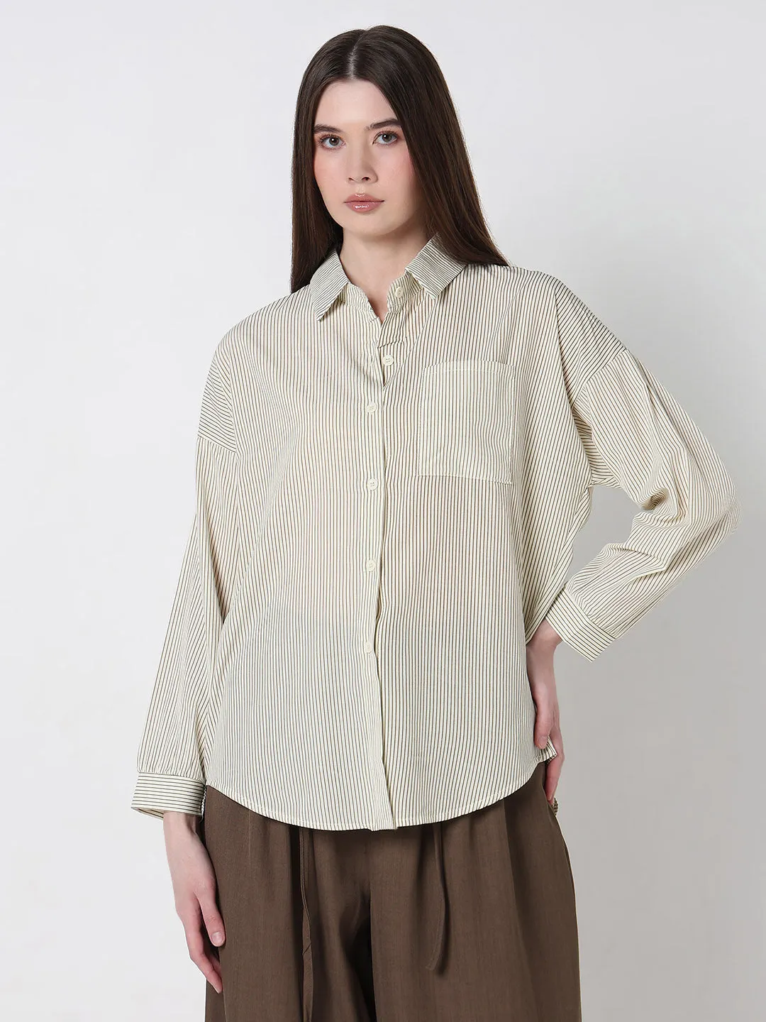Cozy Design Women's Pinstripes Cream Oversized Shirt with Chest Pocket