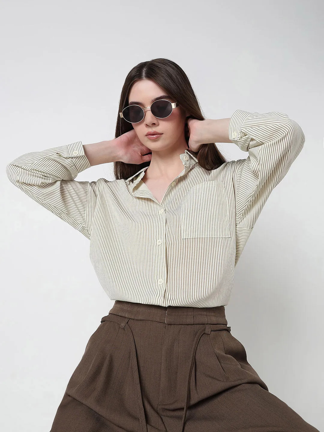 Recommended DropShoulderDesign Women's Pinstripes Cream Oversized Shirt with Chest Pocket