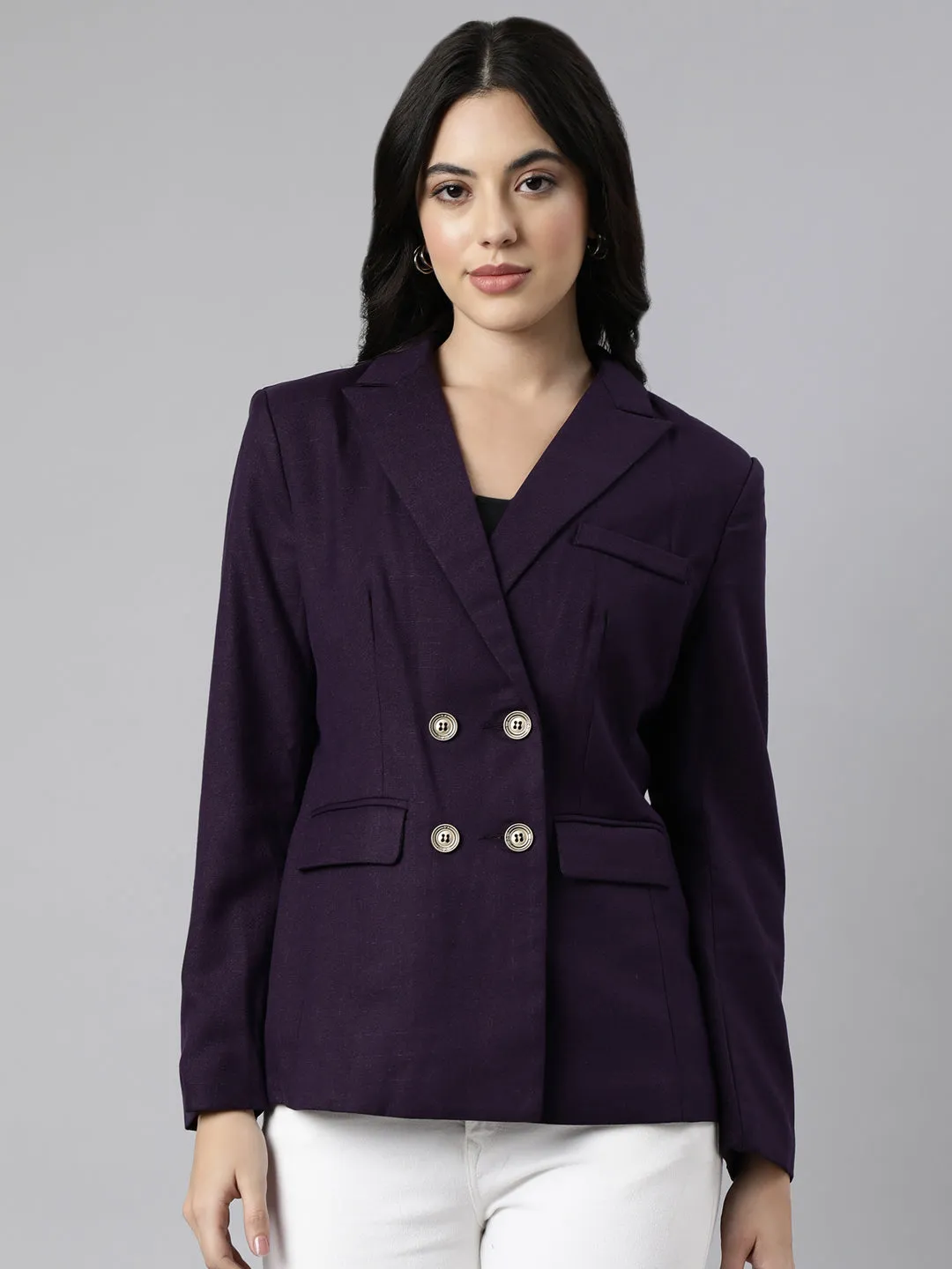 Women's Purple Slim-Fit Double-Breasted Blazer AdjustableDrawstring Drop Tail Hem
