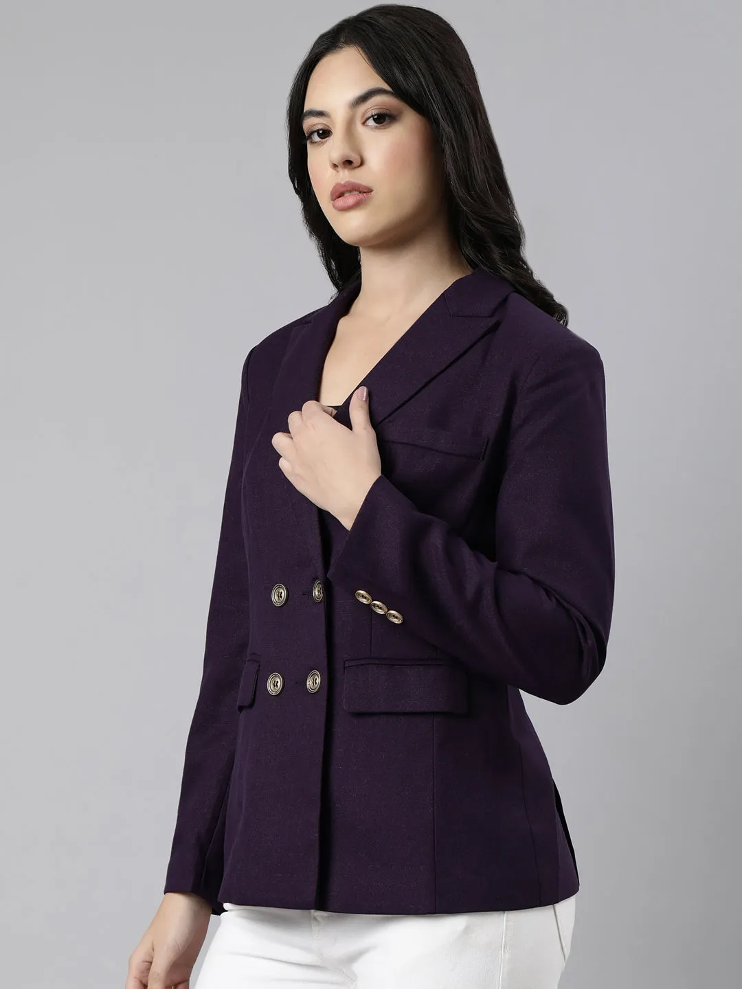 Women's Purple Slim-Fit Double-Breasted Blazer Low Bulk High Warmth Mesh Lining