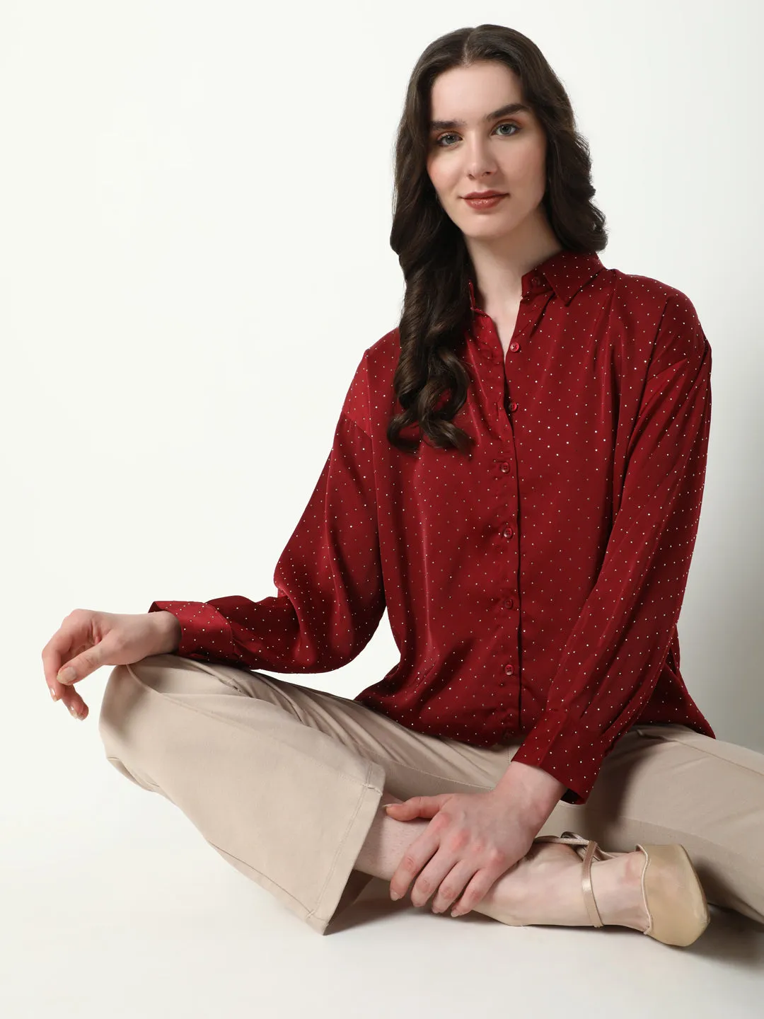 Women's Red Comfort Spread Collar Micro Ditsy Printed Satin Relaxed Fit Casual Shirt Vintage Wash Thermal regulation