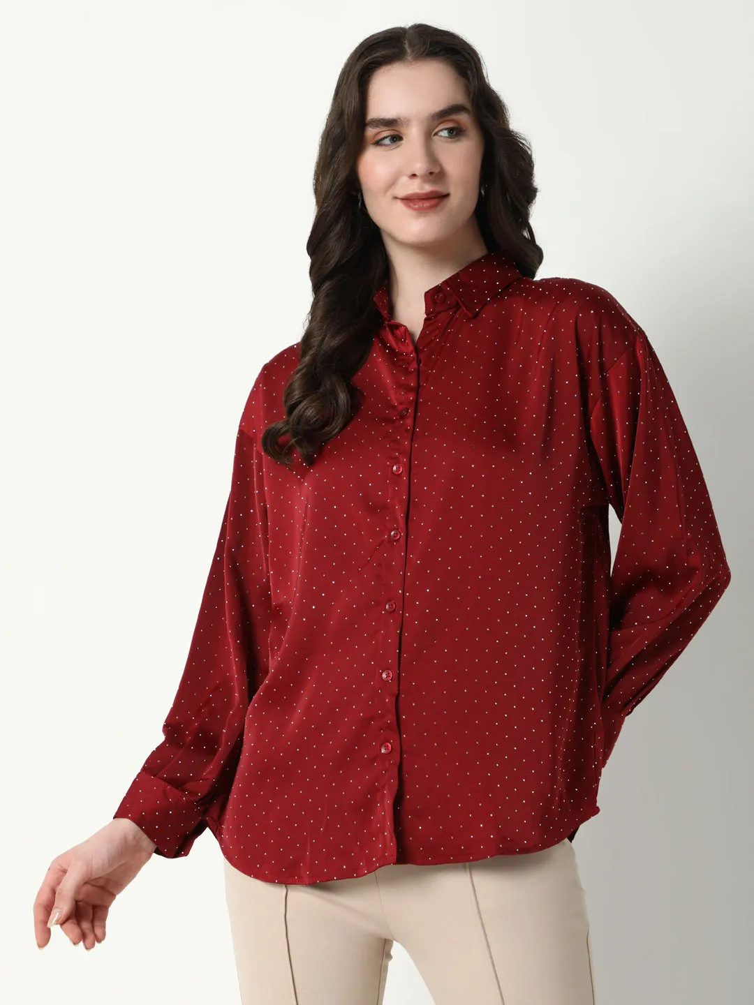 Quick Layer Fit Women's Red Comfort Spread Collar Micro Ditsy Printed Satin Relaxed Fit Casual Shirt