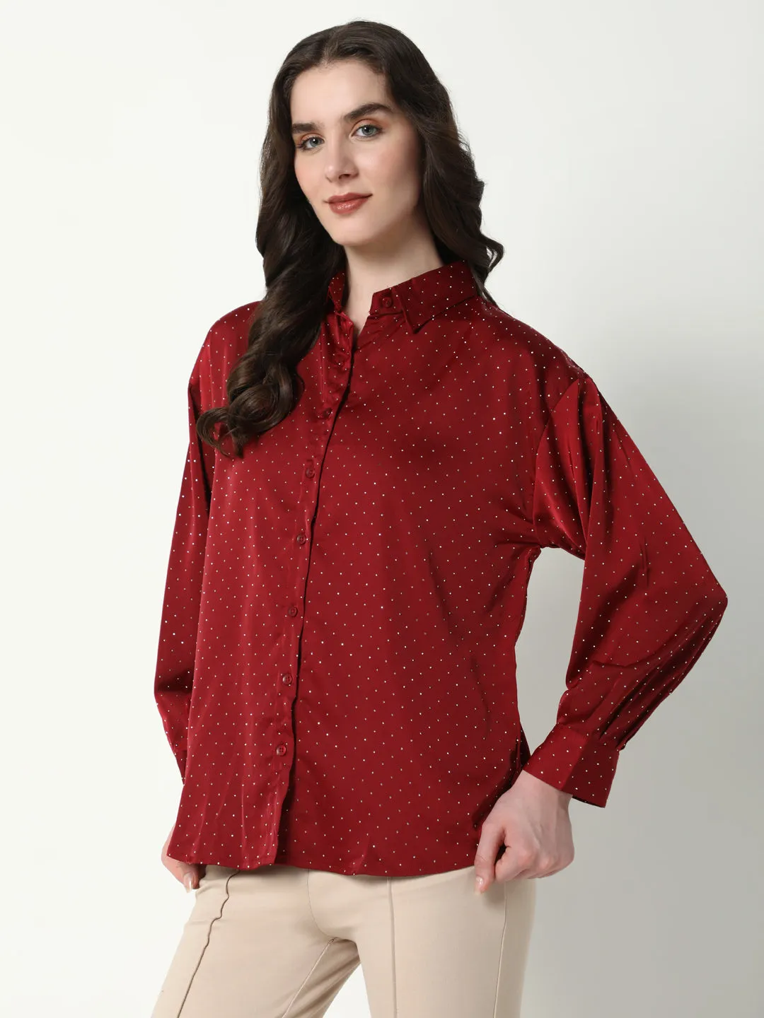 Sustainable Bold colors Women's Red Comfort Spread Collar Micro Ditsy Printed Satin Relaxed Fit Casual Shirt
