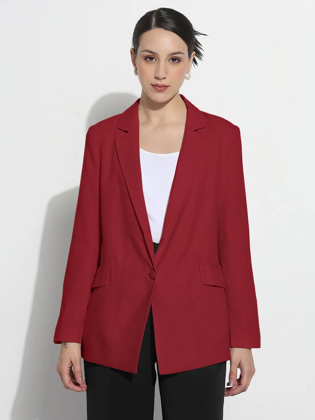 Rubberized Trims Women's Red Single Breasted Blazer with Shoulder Pads