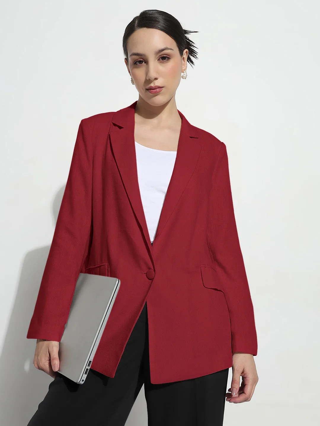 Tailored Cut Style Women's Red Single Breasted Blazer with Shoulder Pads