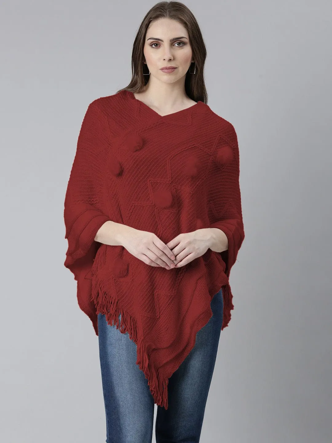 OdorResistant Finish Essential Drape Women's Red V-Neck Poncho with Fringe Hem and Pom-Pom Detail