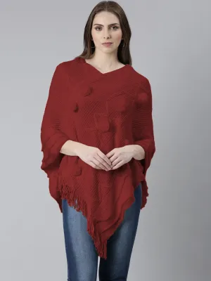 OdorResistant Finish Essential Drape Women's Red V-Neck Poncho with Fringe Hem and Pom-Pom Detail